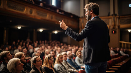 A speaker giving a lecture to an audience in an auditorium, or hall. A seminar