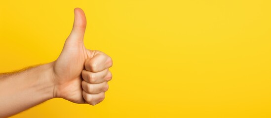 Positive approval thumbs up Hand Gesture on yellow Background