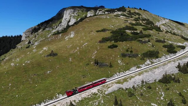 Schafberg mountain in Salzkammergut region of Austria. Schafberg cog railway (rack railway) line.