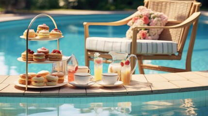 Afternoon tea set on swimming pool at the beach with cake,bakery,pastry and dessert. Generative Ai	
