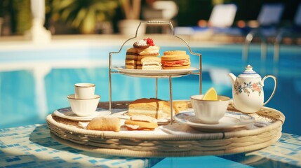 Afternoon tea set on swimming pool at the beach with cake,bakery,pastry and dessert. Generative Ai	
 - obrazy, fototapety, plakaty