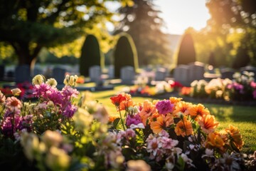 A beautiful, tranquil image of a well-maintained cemetery with colorful flowers adorning the graves, conveying a sense of peace and remembrance. Generative Ai
