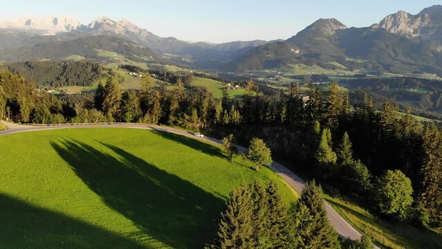 Austria drone view. Postalm panorama road. Scenic winding mountain road in Salzkammergut region.