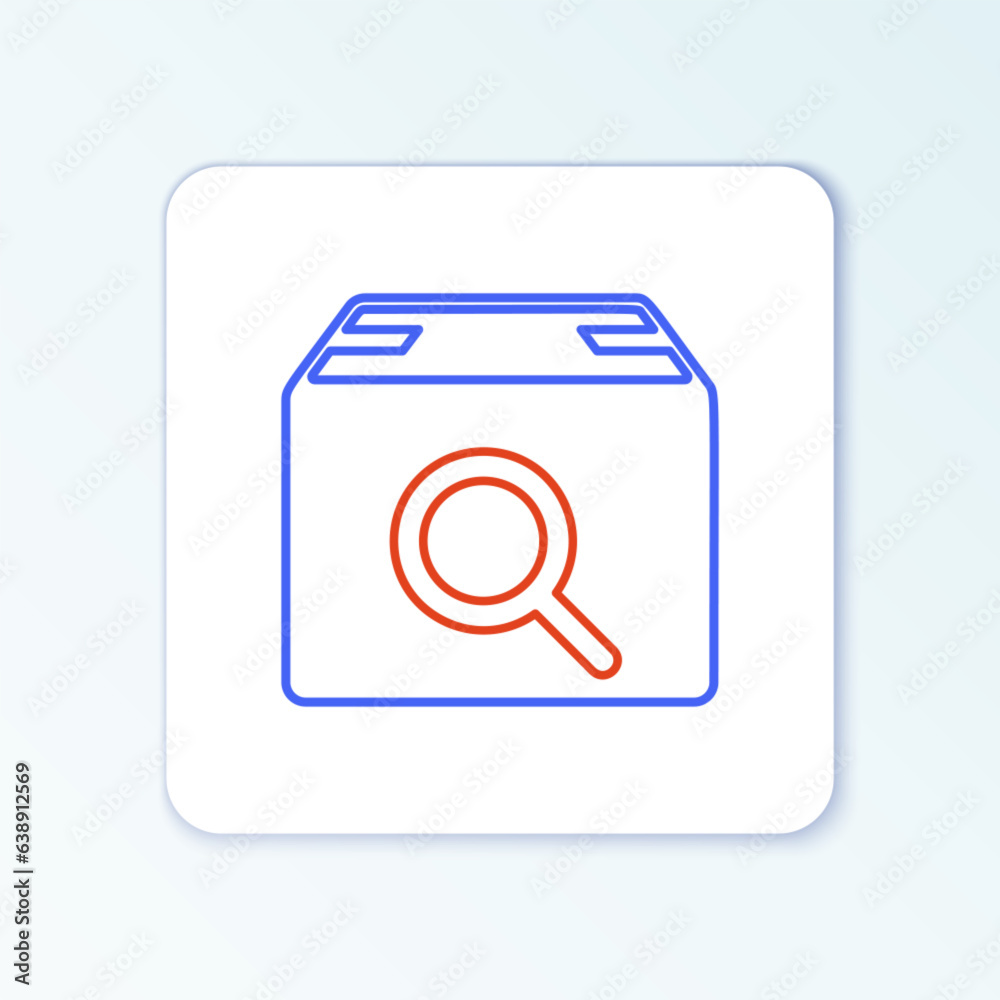 Sticker Line Search package icon isolated on white background. Parcel tracking symbol. Magnifying glass and cardboard box. Logistic and delivery. Colorful outline concept. Vector