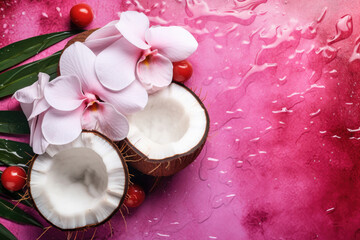 Obraz na płótnie Canvas Fresh juicy coconut halves and delicate flowers painted in metallic pink with water drops