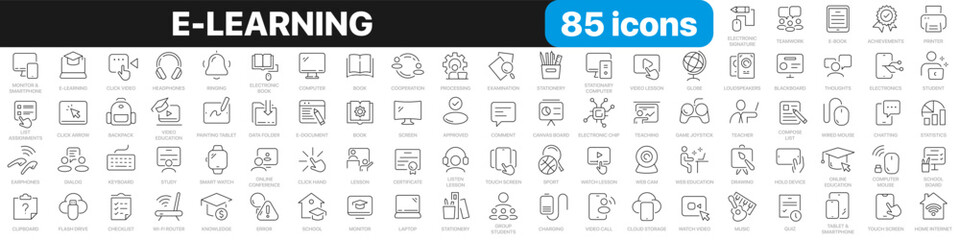 E-learning line icons collection. Education, school, knowledge, online education icons. UI icon set. Thin outline icons pack. Vector illustration EPS10