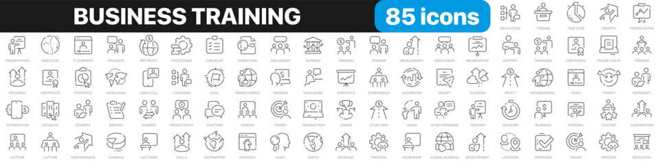 Business training line icons collection. Workshop, lecture, education icons. UI icon set. Thin outline icons pack. Vector illustration EPS10