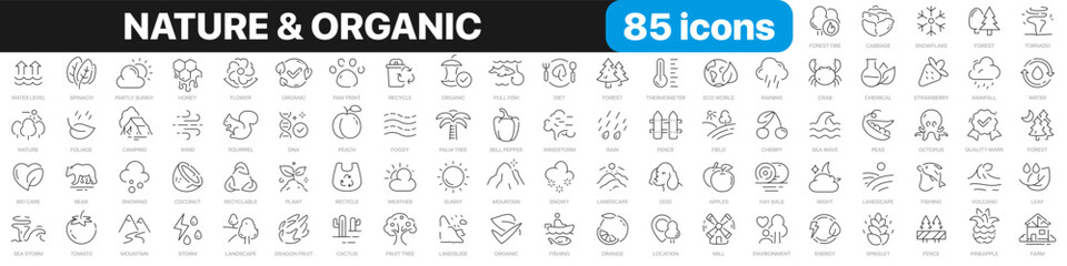 Nature and organic line icons collection. Weather, forest, fruits, animals icons. UI icon set. Thin outline icons pack. Vector illustration EPS10