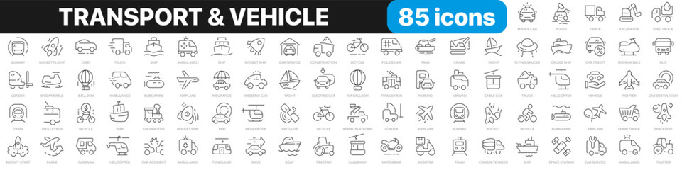 Transport and vehicle line icons collection. Car, truck, ship, plane, bike, train icons. UI icon set. Thin outline icons pack. Vector illustration EPS10