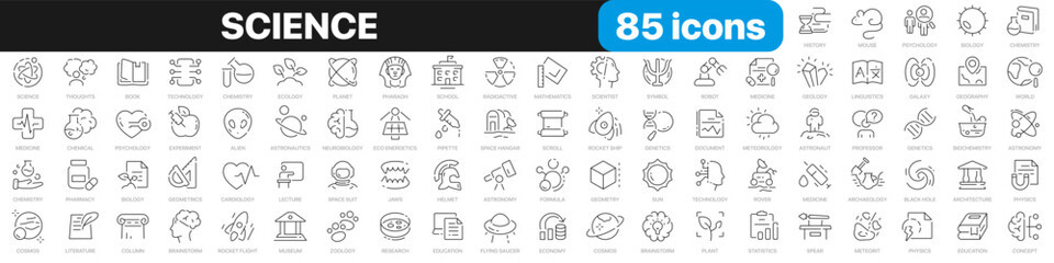 Science line icons collection. Education, learning, medicine, technology icons. UI icon set. Thin outline icons pack. Vector illustration EPS10