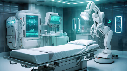 Empty operating room with medical equipment