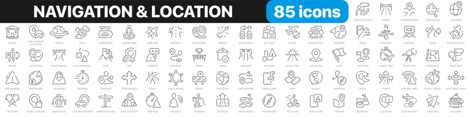 Navigation and location line icons collection. Map, pointer, travel, vacation, trip icons. UI icon set. Thin outline icons pack. Vector illustration EPS10