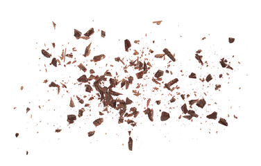 Fototapeta Pile chopped, milled chocolate isolated on white, top view obraz