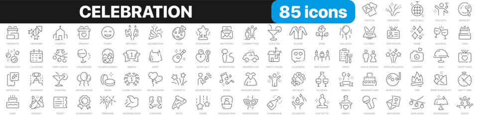 Fototapeta premium Celebration line icons collection. Party, hobby, restaurant, happy, holiday icons. UI icon set. Thin outline icons pack. Vector illustration EPS10