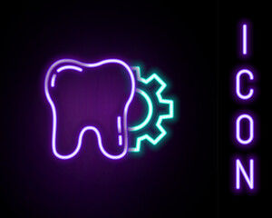 Glowing neon line Tooth treatment procedure icon isolated on black background. Tooth repair with gear. Colorful outline concept. Vector