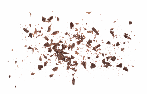 Pile chopped, milled chocolate isolated on white, top view