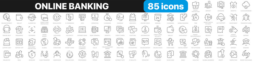 Online banking line icons collection. Wallet, finance, payment, bill, security icons. UI icon set. Thin outline icons pack. Vector illustration EPS10