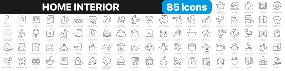 Home interior line icons collection. Dishes, devices, decoration icons. UI icon set. Thin outline icons pack. Vector illustration EPS10