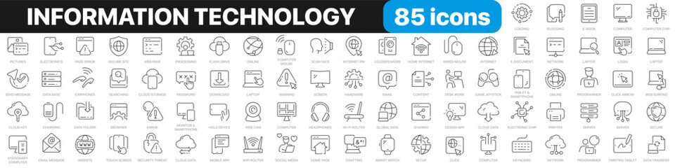 Information technology line icons collection. Devices, internet, server, data, network icons. UI icon set. Thin outline icons pack. Vector illustration EPS10