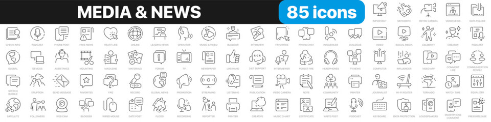 Media and news line icons collection. Television, blogging, social media, video, promotion icons. UI icon set. Thin outline icons pack. Vector illustration EPS10