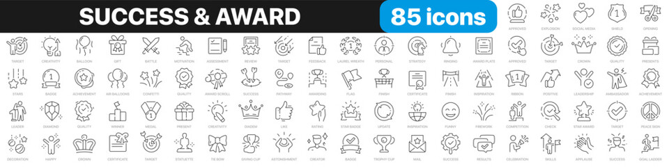 Success and award line icons collection. Development, target, trophy, feedback icons. UI icon set. Thin outline icons pack. Vector illustration EPS10