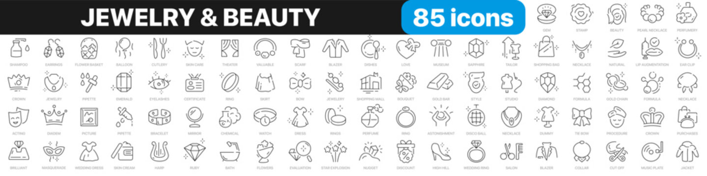 Jewelry and beauty line icons collection. Diamond, necklace, clothes, crown, fashion icons. UI icon set. Thin outline icons pack. Vector illustration EPS10