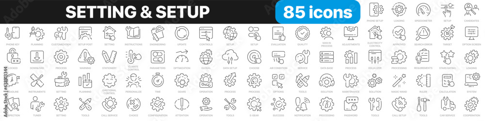 Poster Setting and setup line icons collection. Operation, gear, processing, tools icons. UI icon set. Thin outline icons pack. Vector illustration EPS10