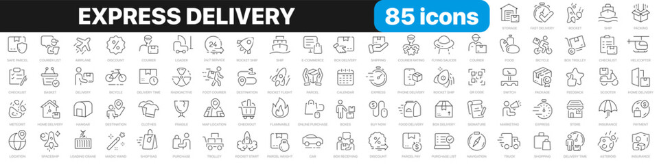 Express delivery line icons collection. Logistics, courier, transport, parcel icons. UI icon set. Thin outline icons pack. Vector illustration EPS10