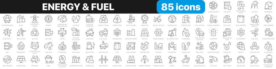 Energy and fuel line icons collection. Power, fuel station, charging, car icons. UI icon set. Thin outline icons pack. Vector illustration EPS10