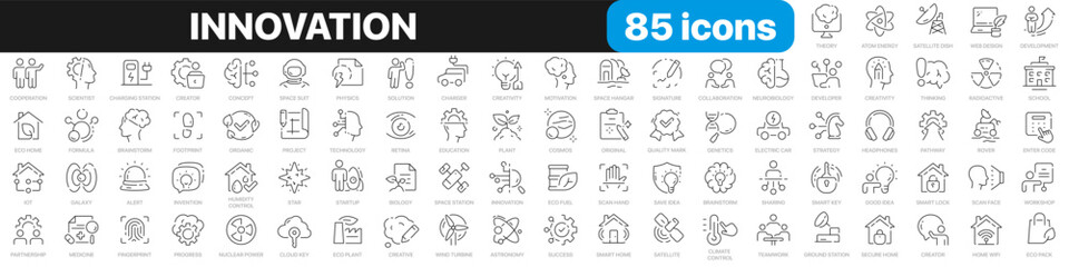 Naklejka na ściany i meble Innovation line icons collection. Technology, creative, brainstorm, education icons. UI icon set. Thin outline icons pack. Vector illustration EPS10