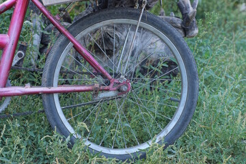 part of an old bicycle with a cleat on a purple iron frame in green vegetation on a summer street