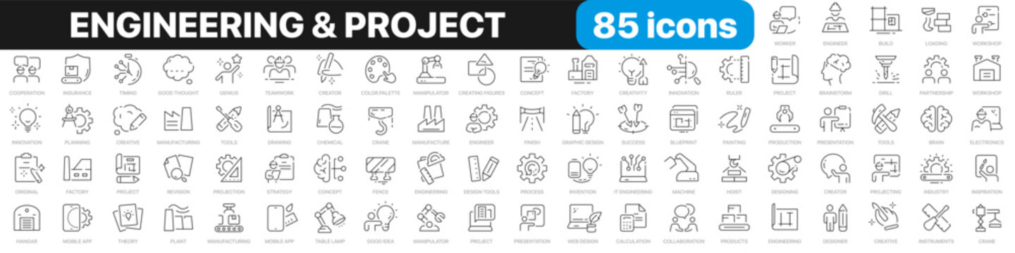 Engineering and project line icons collection. Designer, construction, engineer, project, crane icons. UI icon set. Thin outline icons pack. Vector illustration EPS10