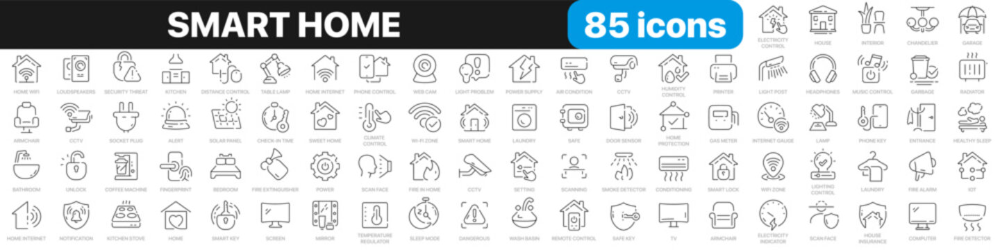 Smart home line icons collection. Secure, technology, internet, controller icons. UI icon set. Thin outline icons pack. Vector illustration EPS10