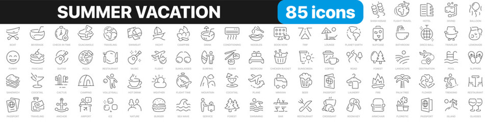 Summer vacation line icons collection. Travel, trip, camping, nature icons. UI icon set. Thin outline icons pack. Vector illustration EPS10