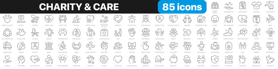 Charity and care line icons collection. Positive, donation, organization, donor icons. UI icon set. Thin outline icons pack. Vector illustration EPS10 - obrazy, fototapety, plakaty
