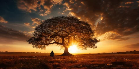 Möbelaufkleber Silhouette of lonely human under old majestic tree at evening meadow during incredible sunset with rays of golden sun © Sasint