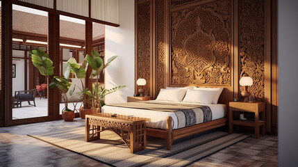 Javanese Bedroom with Wooden Beds and Batik Sheets