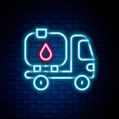 Glowing neon line Fuel tanker truck icon isolated on brick wall background. Gasoline tanker. Colorful outline concept. Vector
