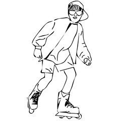 Rollerblading boy. Graphic black and white image. Vector.