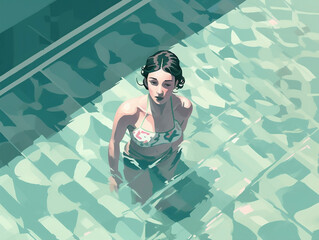 woman illustration pool holiday young summer person swim water girl flat. Generative AI.