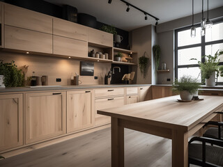 Chic light wood kitchen with contemporary touches. AI Generate.