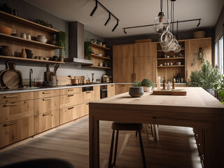 Bright light wood kitchen interior with a relaxed feel. AI Generate.