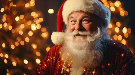 Santa claus ,near a christmas tree with lights in the background - obrazy, fototapety, plakaty