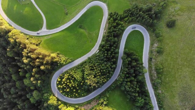 Austria drone view. Postalm panorama road. Scenic winding mountain road in Salzkammergut region.