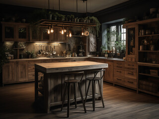Inviting wood kitchen room with wooden accents. AI Generate.