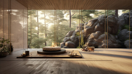 Zen Meditation Room with Wooden Seating