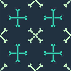 Green and beige Crossed human bones icon isolated seamless pattern on blue background. Vector