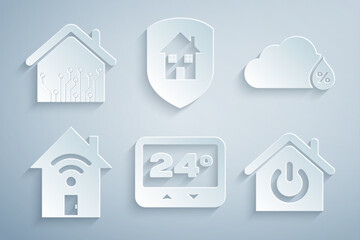 Set Thermostat, Humidity, Smart home with wi-fi, House under protection and icon. Vector