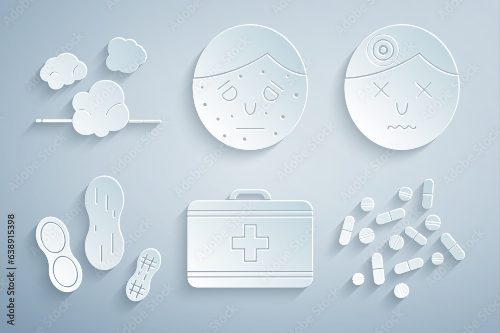 Wall mural Set First aid kit, Man having headache, Peanut, Medicine pill or tablet, Face with psoriasis eczema and Dust icon. Vector