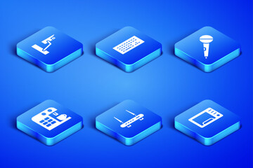 Set Microwave oven, Security camera, Router and wi-fi signal, Coffee machine, Keyboard and Microphone icon. Vector